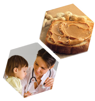 2 hexagons with one containing peanut butter on bread and the other a doctor smiling at a small child.